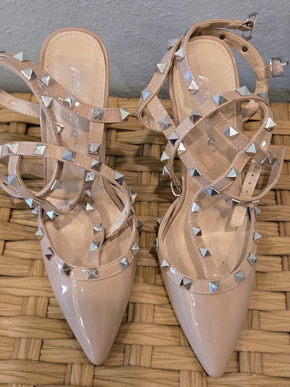 Public Desire Nude Patent Studded Pointed-Toe Ankle-Strap Heels